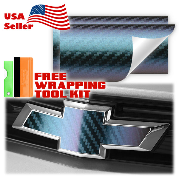 2pcs 5"x10" Chameleon Carbon Fiber Color Shift Chevy Emblem Bowtie Overlay Vinyl Wrap