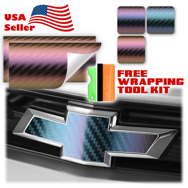 2pcs 5"x10" Chameleon Carbon Fiber Color Shift Chevy Emblem Bowtie Overlay Vinyl Wrap
