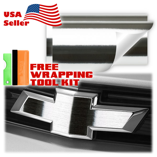 2pcs 5"x10" Brushed Aluminum Chevy Emblem Bowtie Overlay Vinyl Wrap