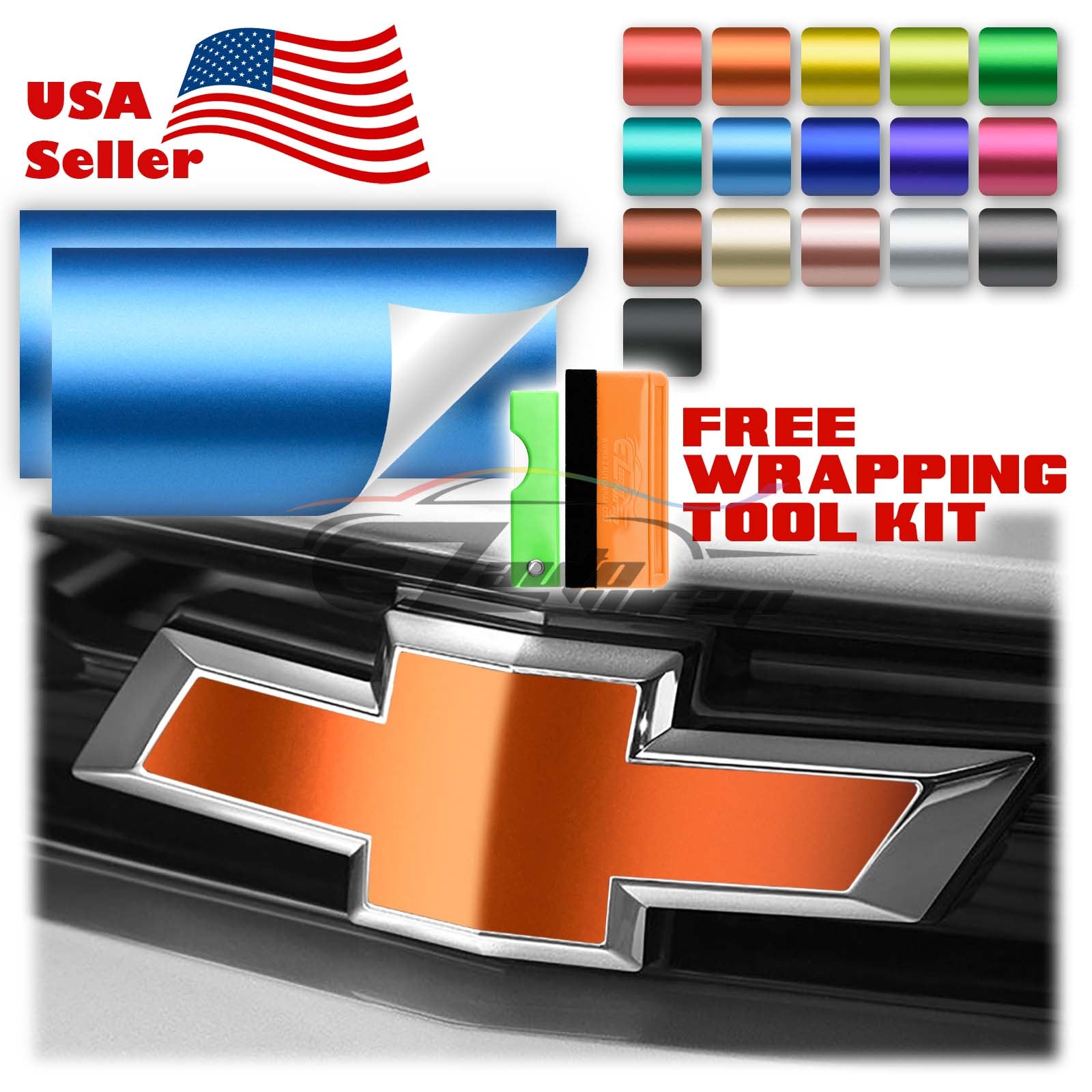 2pcs 5"x10" Satin Chrome Chevy Emblem Bowtie Overlay Vinyl Wrap