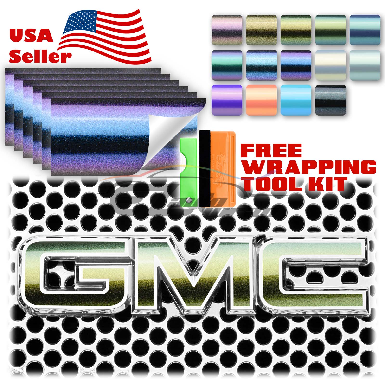6pcs 4"x6" Chameleon Gloss Metallic Color Shift GMC Emblem Overlay Vinyl Wrap