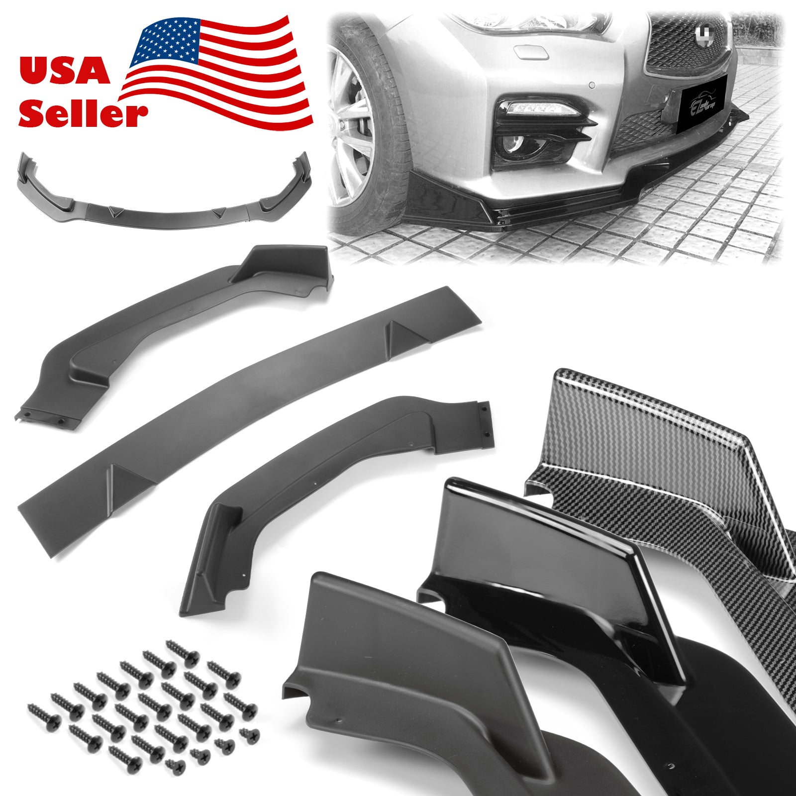 3pcs Front Bumper Lip for Infiniti Q50 2014-2017 PC-89666 (Carbon Fiber Textured Black / Gloss Black / Matte Black)