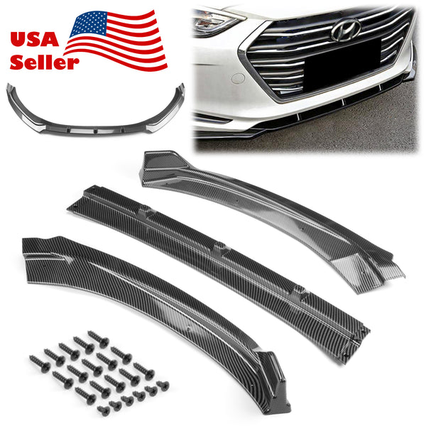 3pcs Front Bumper Lip For Hyundai Elantra 2016-2020 PC-89679 (Carbon Fiber Textured Black / Gloss Black / Matte Black)