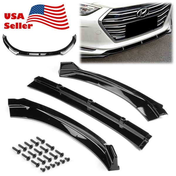 3pcs Front Bumper Lip For Hyundai Elantra 2016-2020 PC-89679 (Carbon Fiber Textured Black / Gloss Black / Matte Black)
