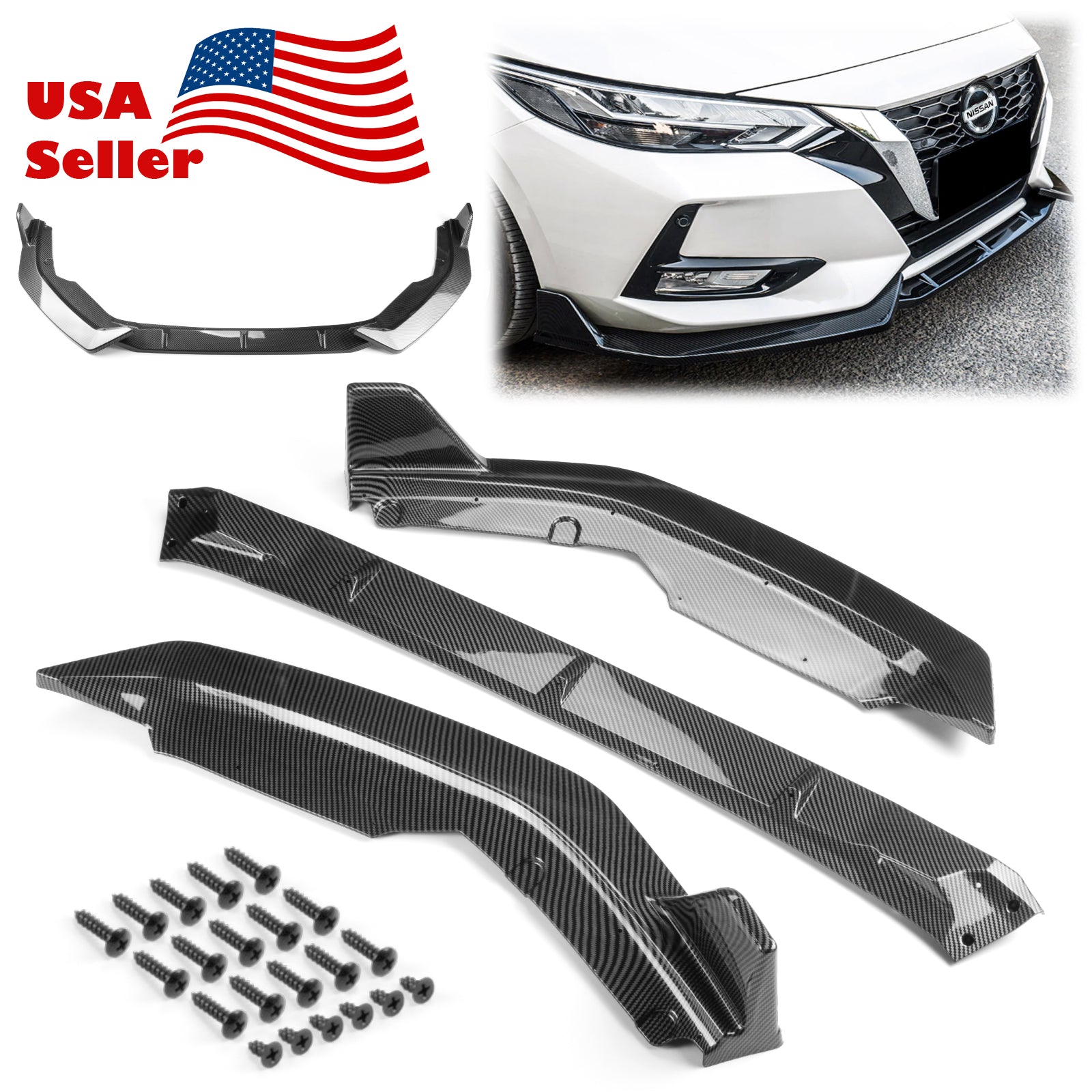 3pcs Front Bumper Lip For Nissan Sentra 2020-2022 PC-89682 (Carbon Fiber Textured Black / Gloss Black / Matte Black)