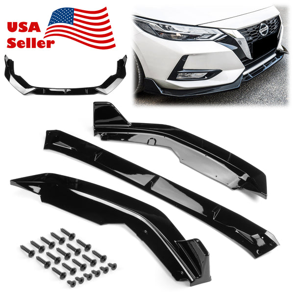 3pcs Front Bumper Lip For Nissan Sentra 2020-2022 PC-89682 (Carbon Fiber Textured Black / Gloss Black / Matte Black)