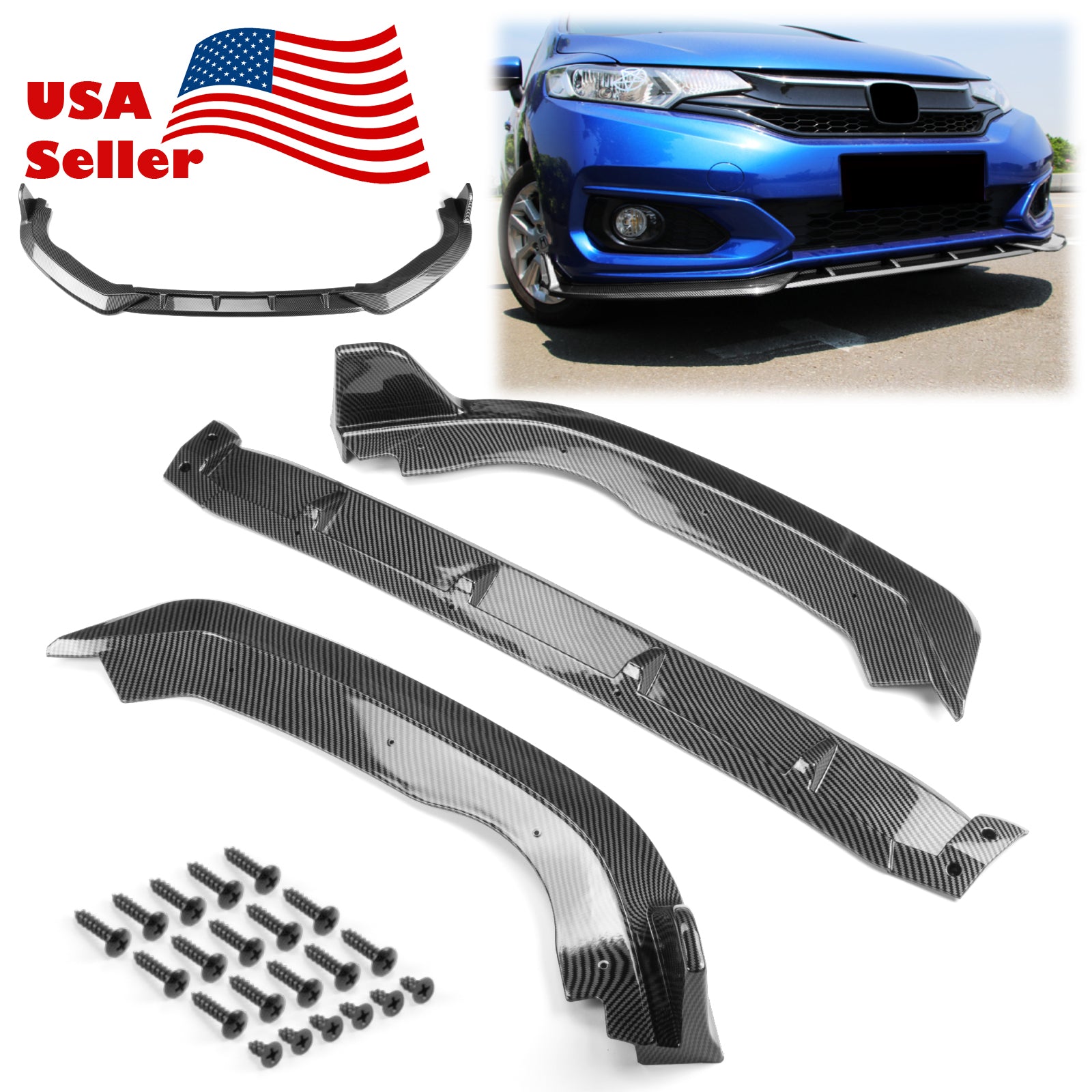 3pcs Front Bumper Lip for Honda Fit 2018-2020 PC-89685 (Carbon Fiber Textured Black / Gloss Black / Matte Black)