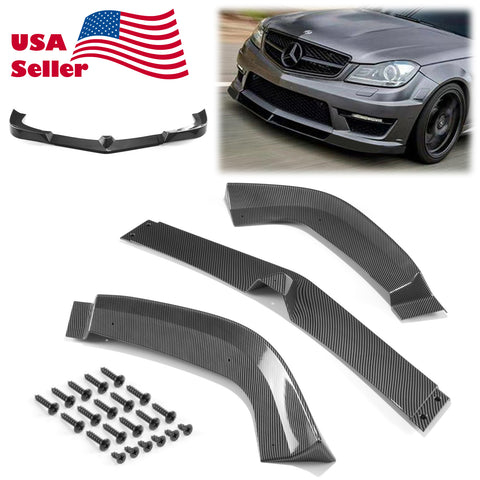 3pcs Front Bumper Lip For Mercedes-Benz W204 2011-2013 PC-89510 (Carbon Fiber Textured Black / Gloss Black / Matte Black)