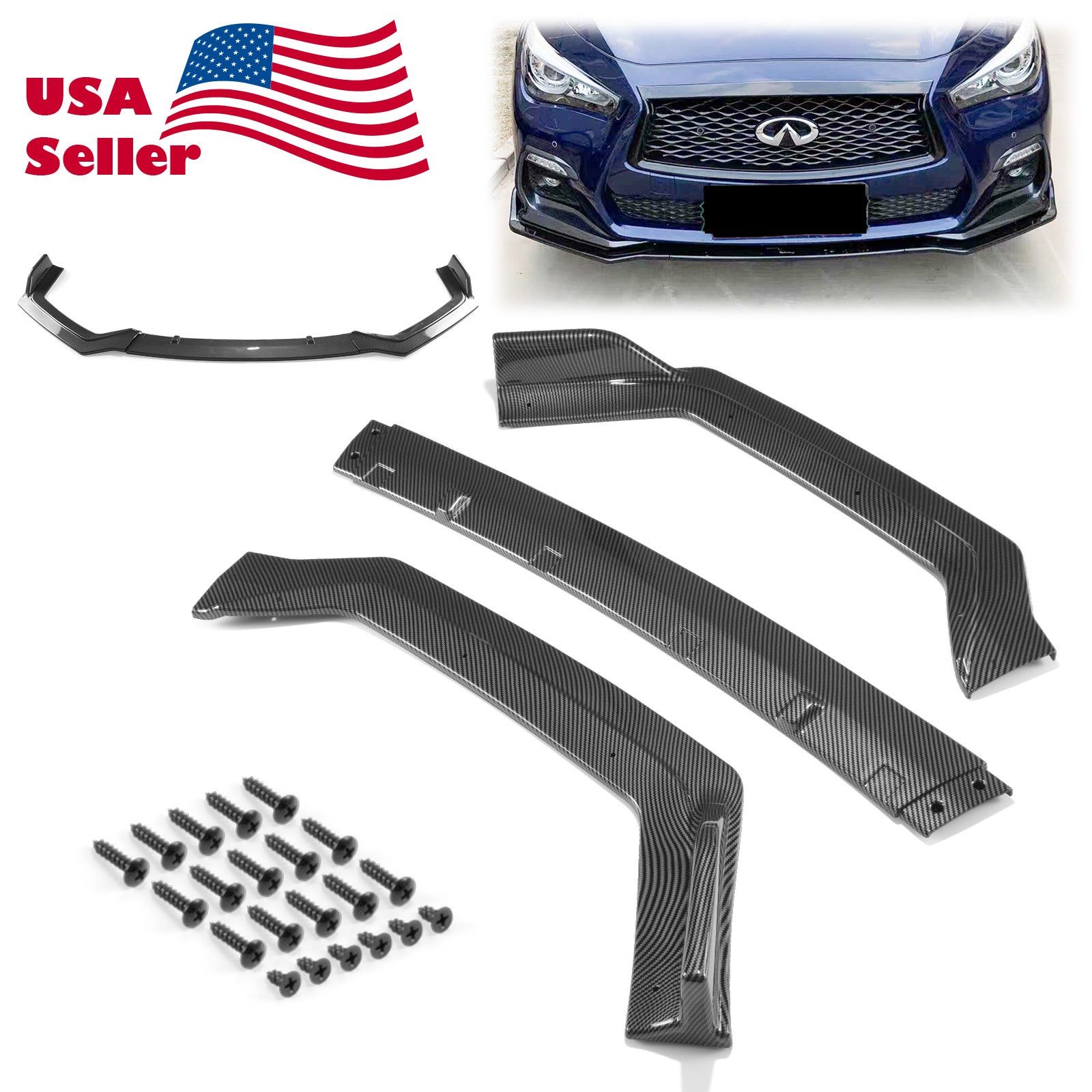 3pcs Front Bumper Lip For Infiniti Q50 Sport 2018-2020 PC