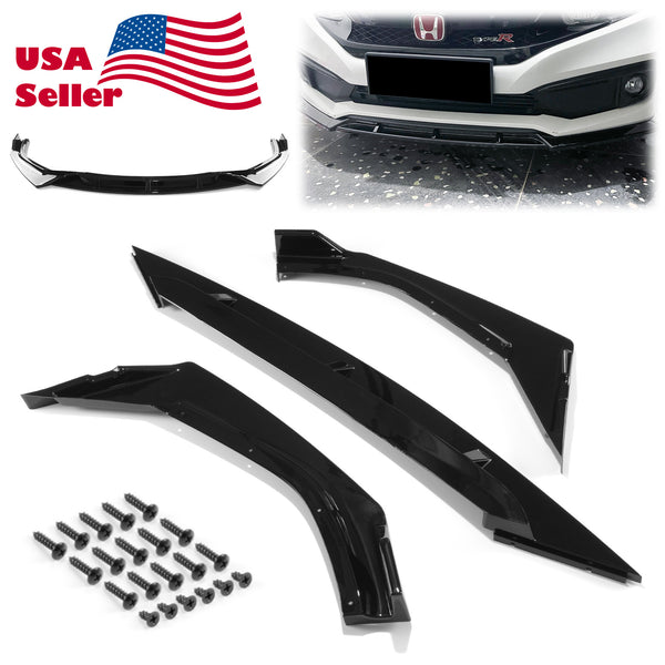 3pcs Front Bumper Lip For Honda Civic Sedan 2019-2020 PC89513 (Carbon Fiber Textured Black / Gloss Black / Matte Black)