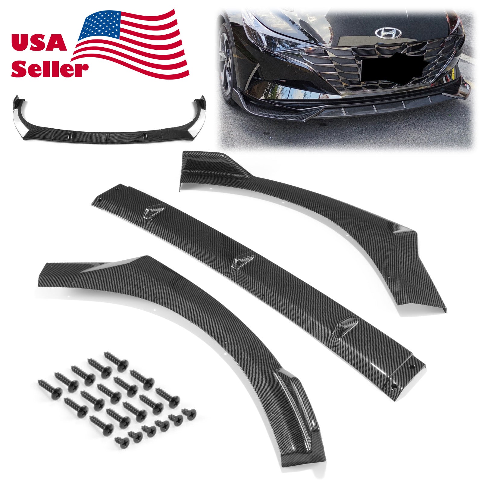 3pcs Front Bumper Lip For Hyundai Elantra 2021 PC-89543 (carbon Fiber Textured Black / Gloss Black / Matte Black)