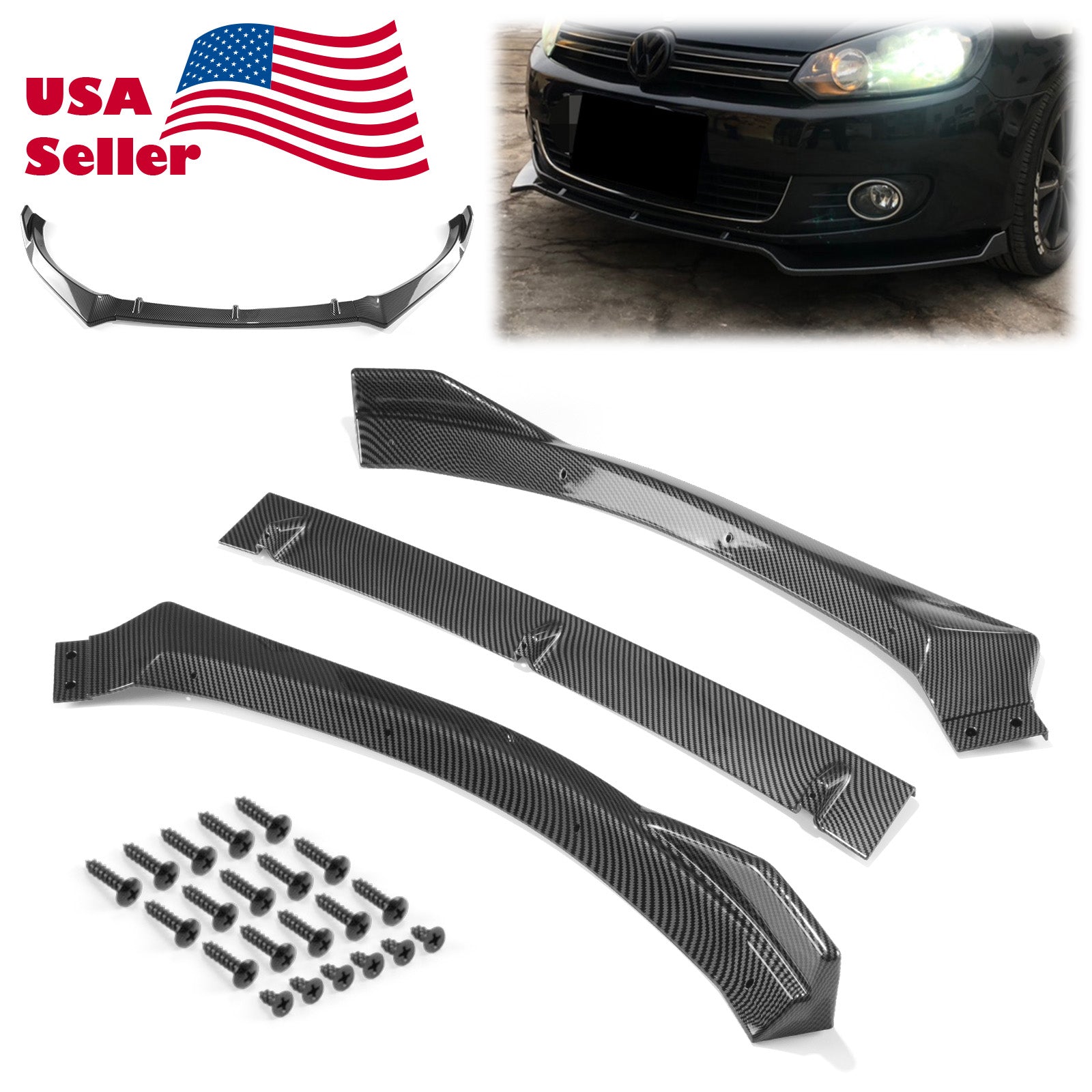 3pcs Front Bumper Lip For Volkswagen Golf 6 GTI Base 2010-2013 PC-89556 (Carbon Fiber Textured Black / Gloss Black / Matte Black)