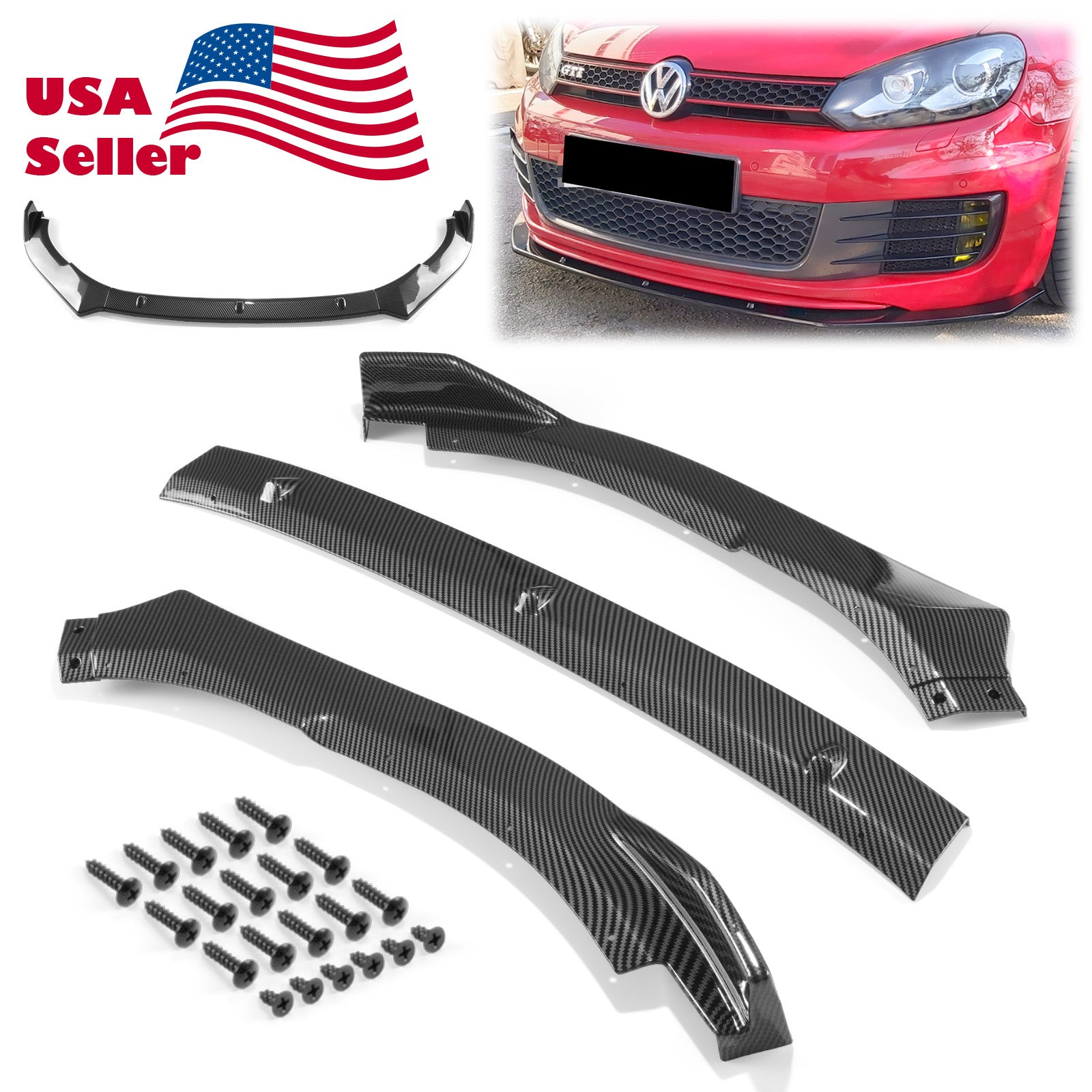 3pcs Front Bumper Lip For Volkswagen Golf 6 GII 2010-2013 PC-89565 (Carbon Fiber Textured Black / Gloss Black / Matte Black)