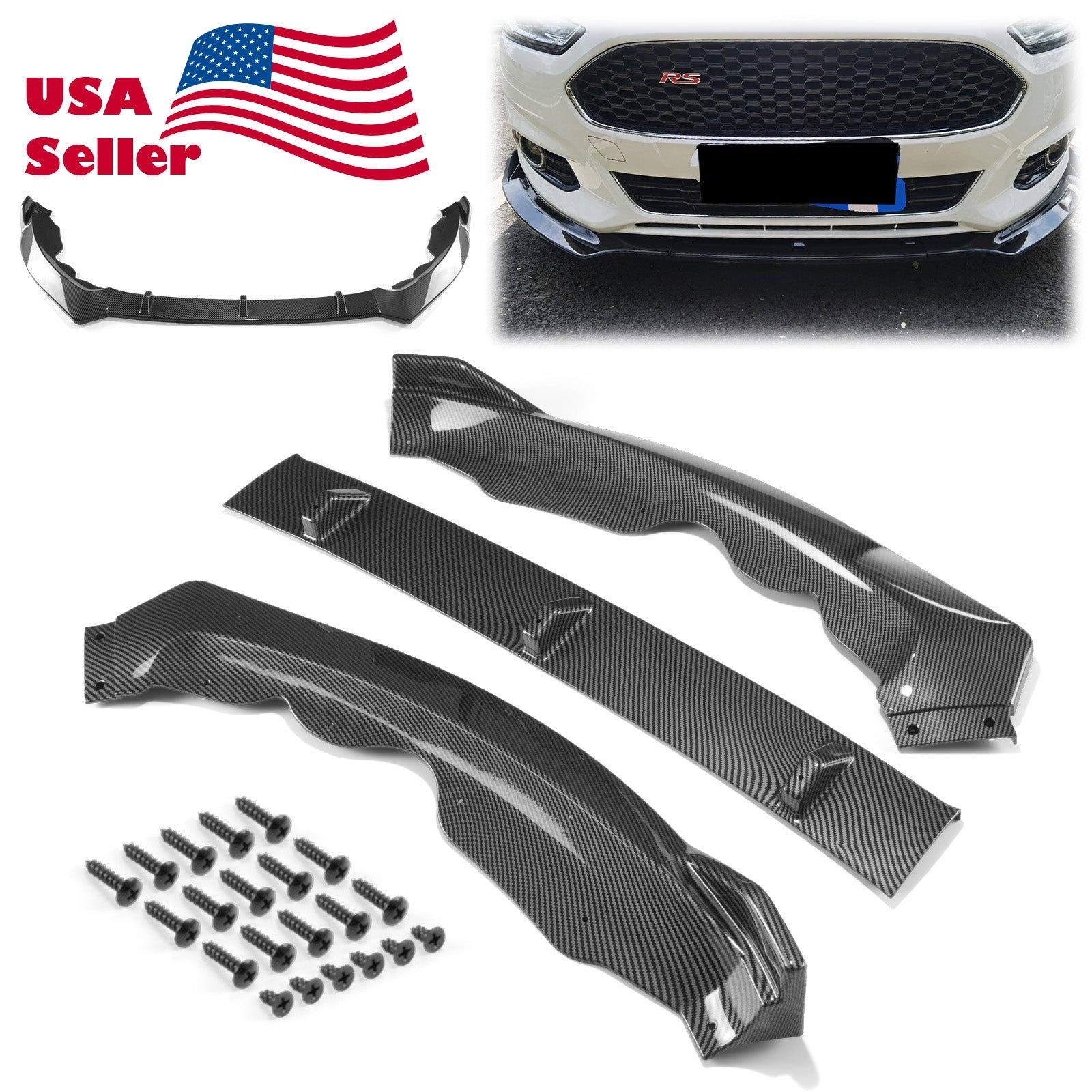 3pcs Front Bumper Lip For Ford Fusion Mondeo 2013-2016 PC-89569 (Carbon Fiber Textured Black / Gloss Black / Matte Black)
