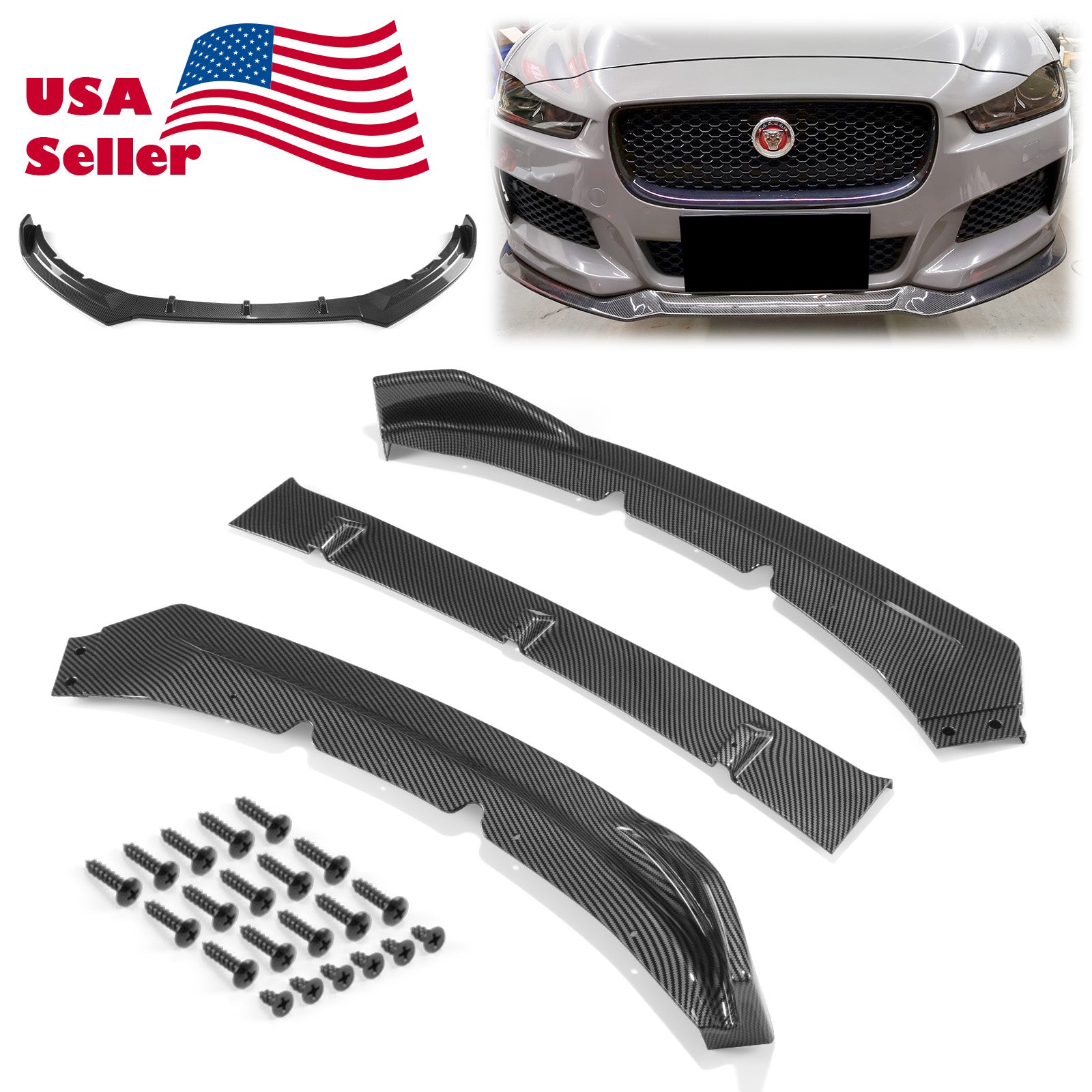 3pcs Front Bumper Lip For Jaguar XE 2017-2018 PC-89572 (Carbon Fiber Textured Black / Gloss Black / Matte Black)