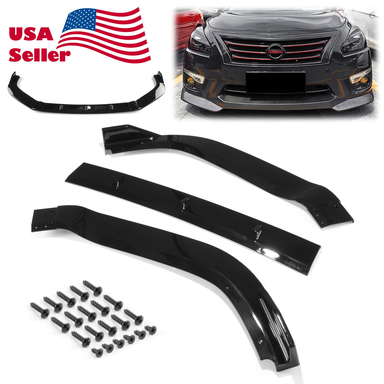 3pcs Front Bumper Lip For Nissan Altima 2013-2015 PC-89578 (Carbon Fiber Textured Black / Gloss Black / Matte Black)