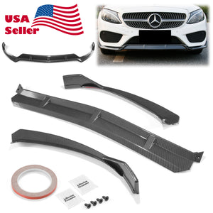 3pcs Front Bumper Lip For Mercedes-Benz C-Class W205 2015-2018 PC-89689 (Carbon Fiber Textured Black / Gloss Black / Matte Black)