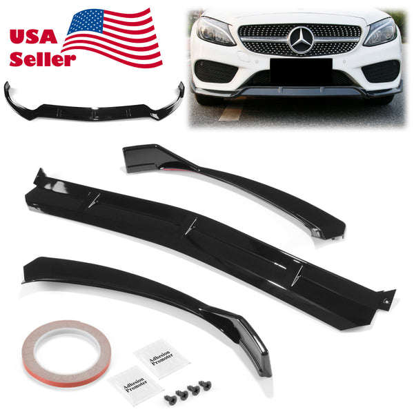 3pcs Front Bumper Lip For Mercedes-Benz C-Class W205 2015-2018 PC-89689 (Carbon Fiber Textured Black / Gloss Black / Matte Black)