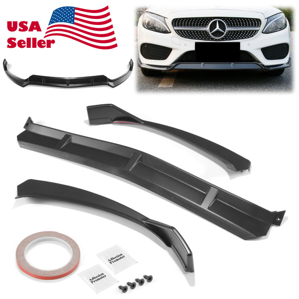 3pcs Front Bumper Lip For Mercedes-Benz C-Class W205 2015-2018 PC-89689 (Carbon Fiber Textured Black / Gloss Black / Matte Black)