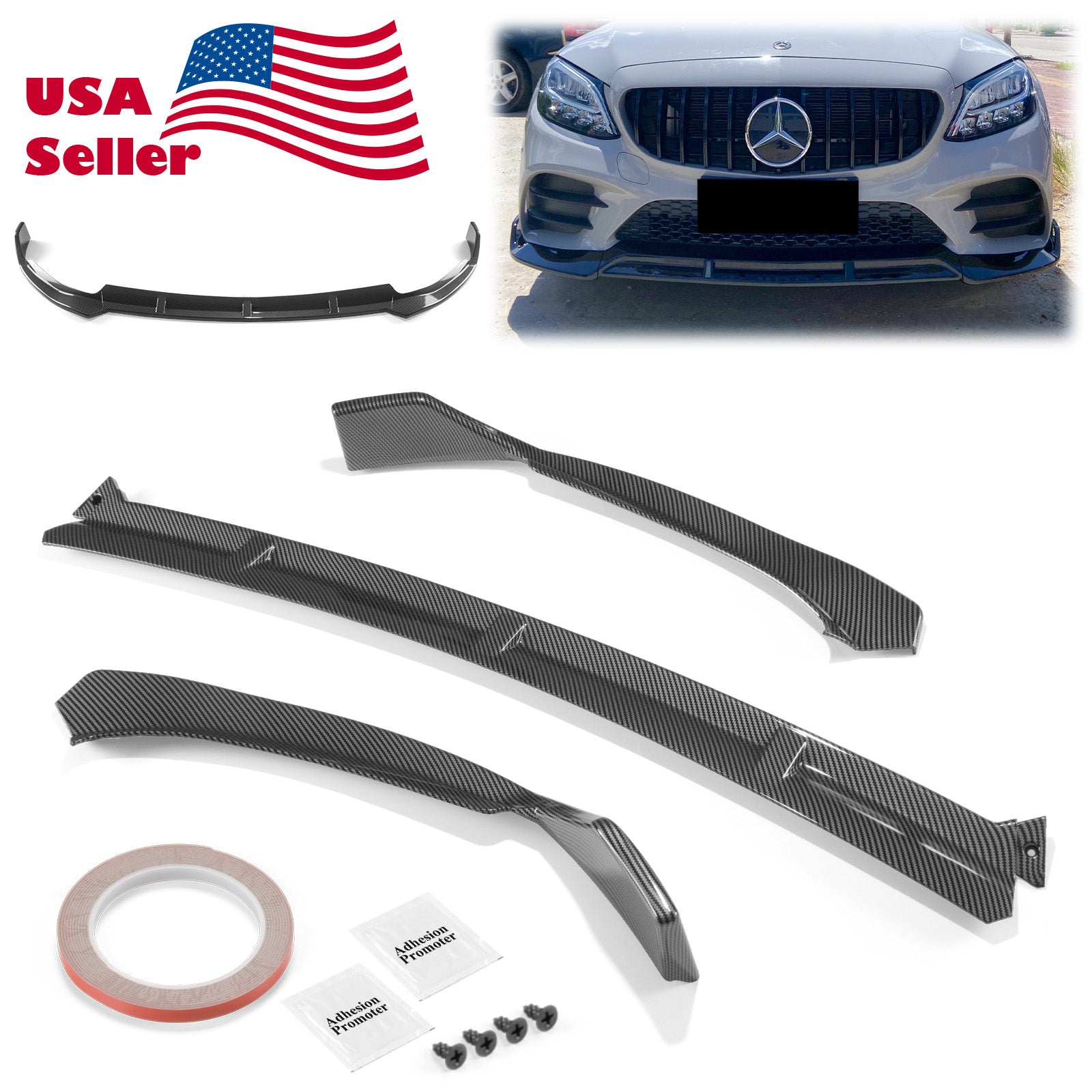 3pcs Front Bumper Lip For Mercedes-Benz C-Class 2019-2022 CP-89690 (Carbon Fiber Textured Black / Gloss Black / Matte Black)