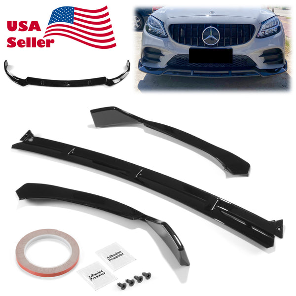 3pcs Front Bumper Lip For Mercedes-Benz C-Class 2019-2022 CP-89690 (Carbon Fiber Textured Black / Gloss Black / Matte Black)