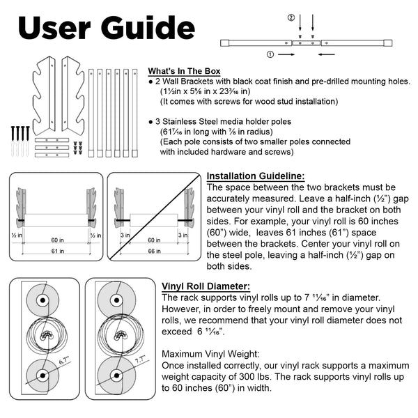 Hold 6 Rolls Media Storage Vinyl Wrap Fabric Decal Wall Rack Mount For 60" Long