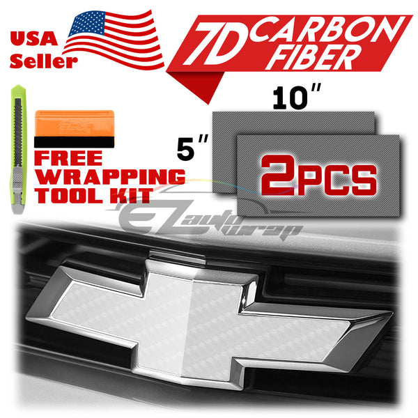 2pcs 5"x10" 7D Gloss Carbon Fiber Chevy Emblem Bowtie Overlay Vinyl Wrap