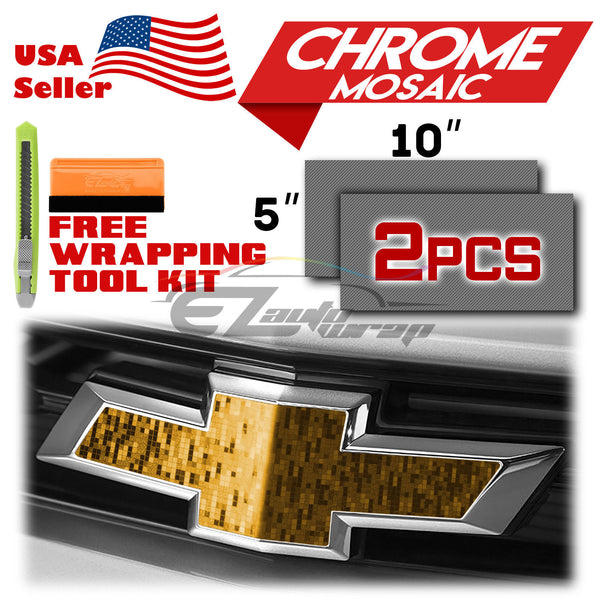 2pcs 5"x10" Chrome Pattern Chevy Emblem Bowtie Overlay Vinyl Wrap