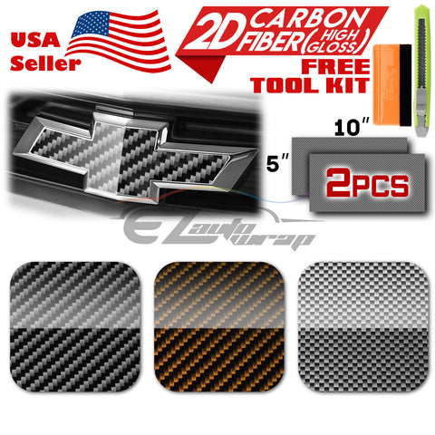 2pcs 5"x10" 2D High Gloss Carbon Fiber Chevy Emblem Bowtie Overlay Vinyl Wrap
